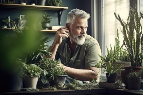 Premium AI Image Shot Of A Mature Man Spending Quality Time At Home With Plants Created With