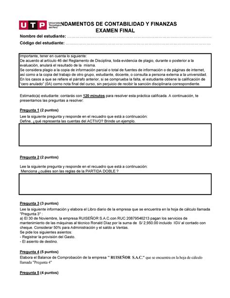 EXAMEN FINAL SEMANA 18 FUNDAMENTOS DE CONTABILIDAD Y FINANZAS EXAMEN