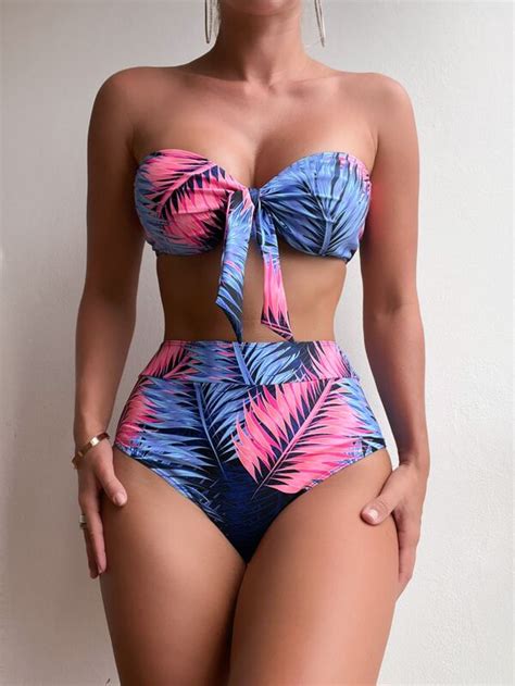 Shein Swim Vcay Tropical Print Knot Front Bandeau Bikini Swimsuit With