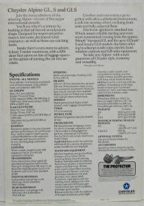 1977 Chrysler Alpine Spec Sheet UK Market