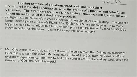 Solved Solving Systems Of Equations Word Problems Worksheet