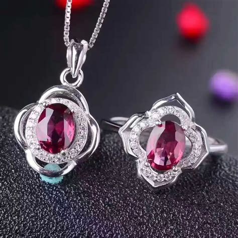 Natural Red Garnet Ring Pendant Natural Gemstone Jewelry Set 925 Silver