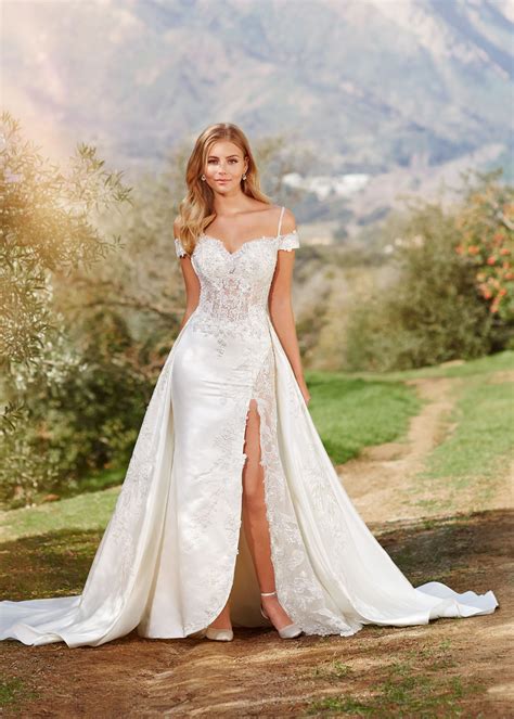 Mermaid Beaded Ivory Lace Satin Side Slit Wedding Dress With Detachable