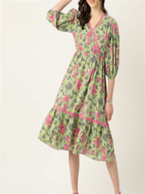 Buy Antheaa Floral Print Puff Sleeve Cotton Laced Midi Dress Dresses