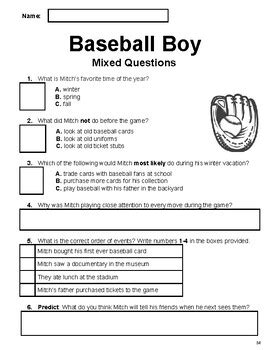 Sports Reading Comprehension Passage 5 Baseball Boy Grade 4 5