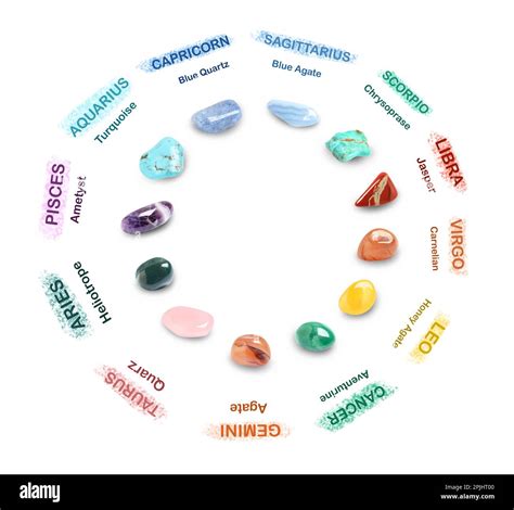 Zodiac Signs And Their Gemstones On White Background Stock Photo Alamy