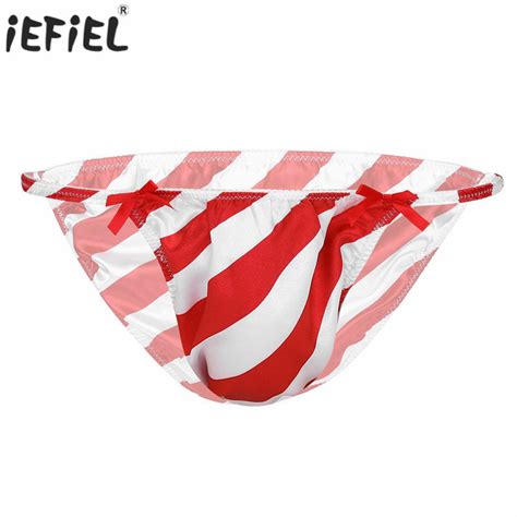 Men Satin Red White Striped Low Rise Christmas Sissy Bikini Underwear Christmas Panties Sting
