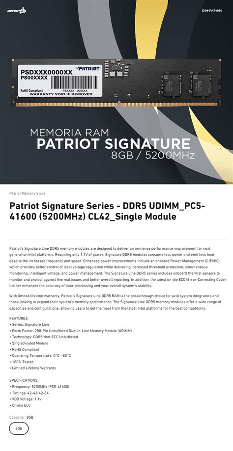 Memoria RAM Patriot Signature Line DDR5 5200MHz 8GB Non ECC