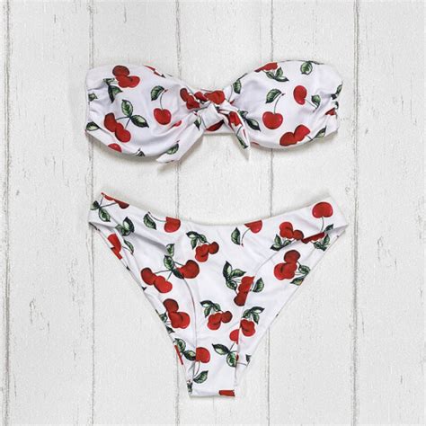 Cherry Print Off Shoulder Bikini High Waist Swimsuit Set For Women