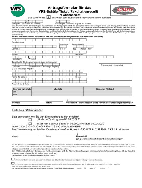 Ausf Llbar Online Antragsformular Fr Das Vrs Schlerticket Fax