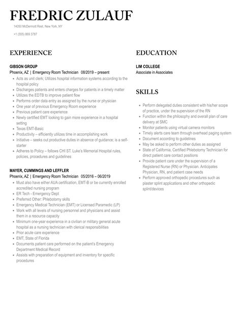 Emergency Room Technician Resume Samples | Velvet Jobs