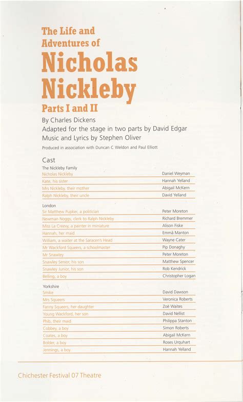 Cast list, The Life and Adventures of Nicholas Nickleby (2007) – Pass It On