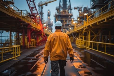 Premium Ai Image An Offshore Oil Rig Worker Walks To An Oil And Gas