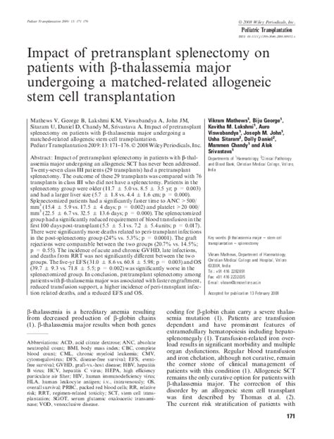 Pdf Impact Of Pretransplant Splenectomy On Patients With β Thalassemia Major Undergoing A