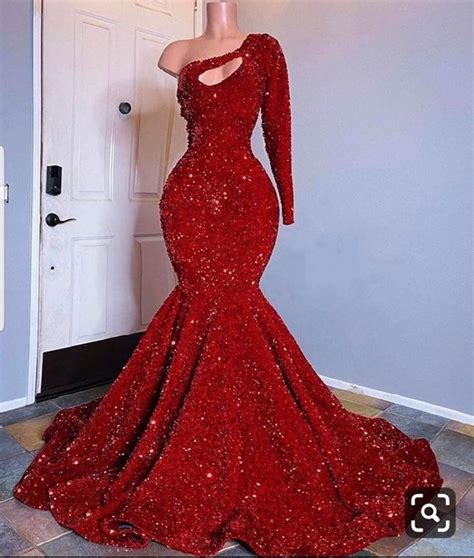 Red Mermaid Sequins Prom Dresswedding Reception Gown Etsy