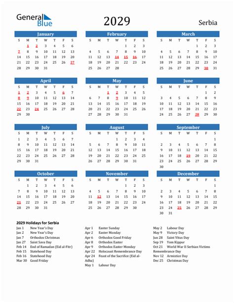 2029 Serbia Calendar with Holidays