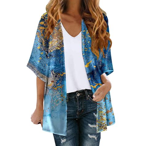 Women Floral Print Kimono Cardigan Loose Cover Up Fashion Three Quarter