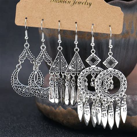 Vintage Ethnic Tassel Earrings Set For Women Bohemian Geometric Crystal