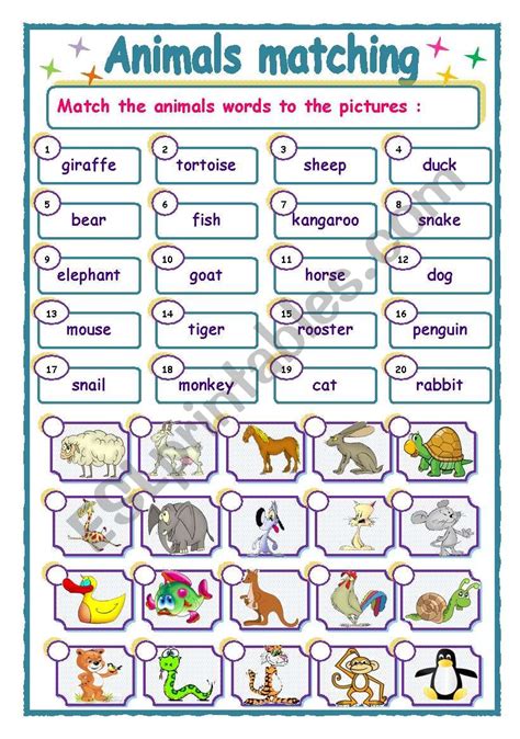 Animals Matching Esl Worksheet By Reewas