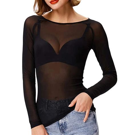 Sexy Women Blouses See Through Transparent Mesh O Neck Long Sleeve