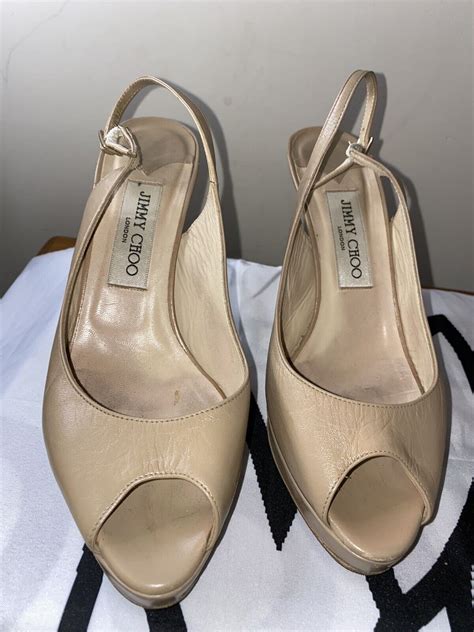 Jimmy Choo Nude Leather Peep Toe Platform Slingback Pumps Size Us