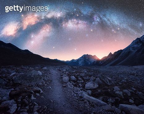 Arched Milky Way And Mountains At Night Beautiful Landscape With