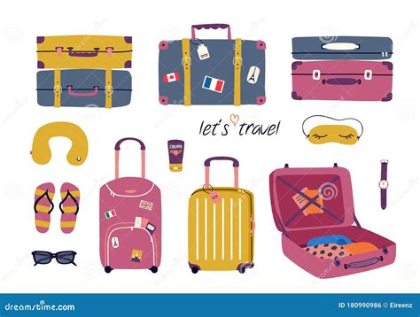 Vector Set With Travel Stuff Luggage Bags Suitcases Sunglasses