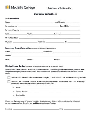 Fillable Online Medaille Emergency Contact Form Medaille College Fax