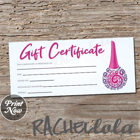 Printable Nail Salon Gift Certificate Fillable Template Manicure