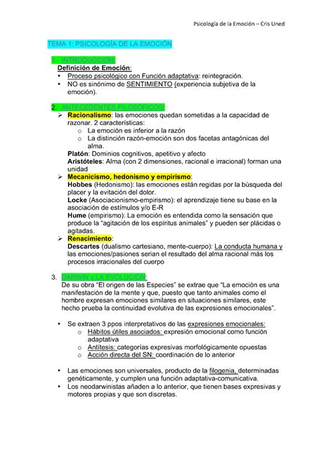 Super Resumen Emocion Uned Psicologia Tema 1 PsicologÍa De La EmociÓn 1 Introduccion