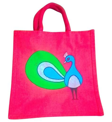 Short Cotton Padded Zipper Pink Peacock Printed Jute Shopping Bag Size