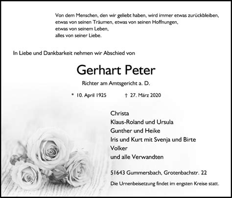 Traueranzeigen Von Gerhart Peter Wirtrauern