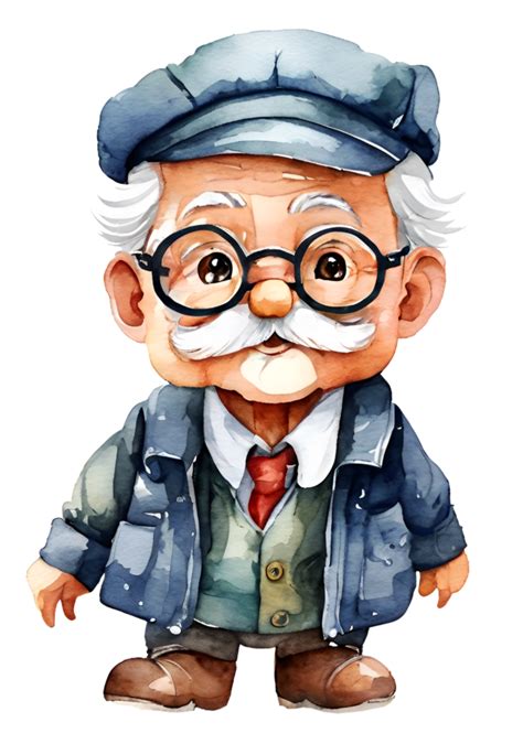 Watercolor And Painting Cute Elderly Old Man Cartoon Ai Generated