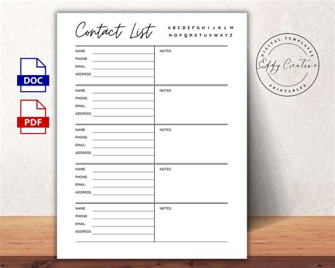 Contact List Template Word Printable Contact List Contact - Etsy