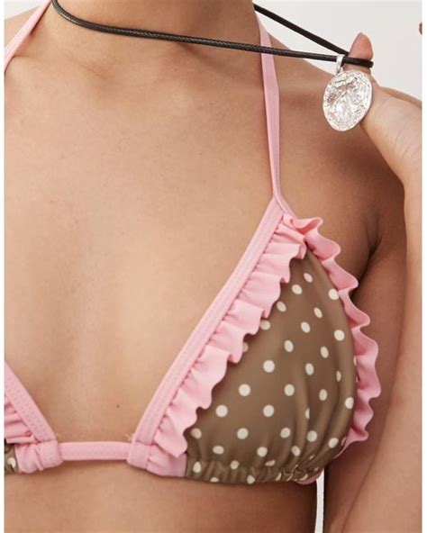 Reclaimed Vintage Triangle Bikini Top With Pink Ruffles In Brown Lyst