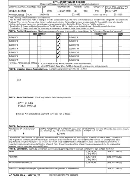 Sample Af Form 860a Performance Appraisal Business