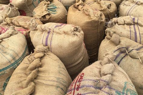 Old Jute Sacks Or Bags Filled With Food Grains Stored In A Warehouse