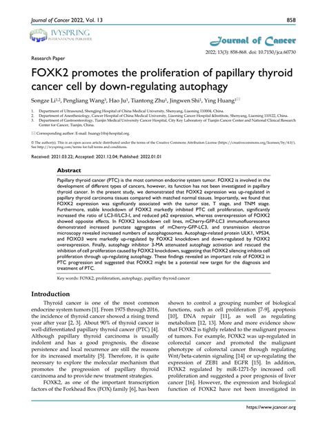 Pdf Foxk Promotes The Proliferation Of Papillary Thyroid Cancer Cell