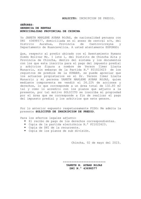 Solicitud DE Inscripcion DE Predio - SOLICITO: INCRIPCION DE PREDIO