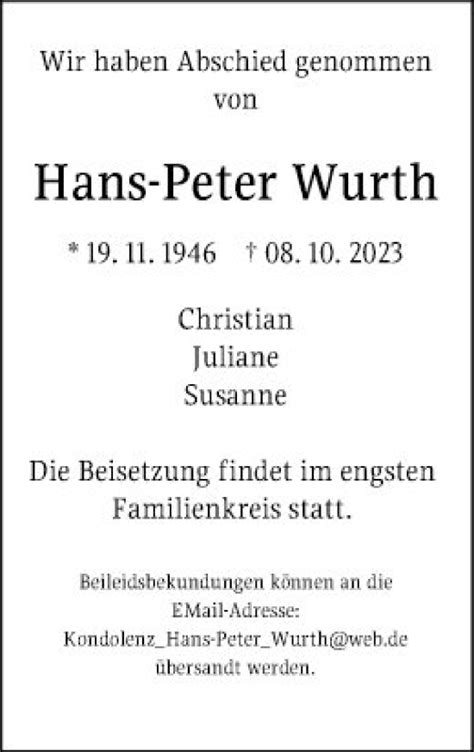 Traueranzeigen Von Hans Peter Wurth Trauerportal Ihrer Tageszeitung