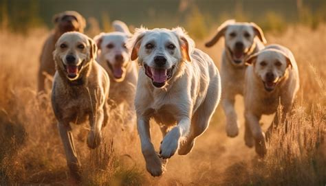 Premium Ai Image Golden Retrievers Pets Running In The Camp Generative Ai