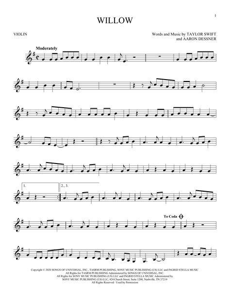 Willow By Taylor Swift Sheet Music For Violin Solo At Sheet Music Direct