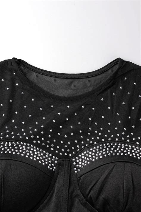 Wholesale Black Sexy Patchwork Hot Drilling See Through O Neck Long Sleeve Dresses K Online