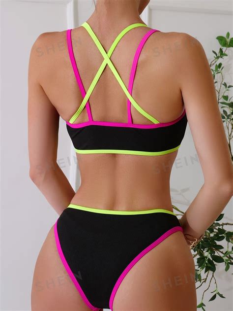 Shein Bikini Contraste De Espalda Con Tira Cruzada Vezia