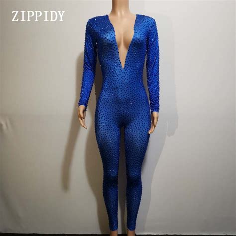 2019 Glisten Blue Rhinestones Bodysuit Women Prom Sexy Jumpsuit Costume Stage Wear Dance