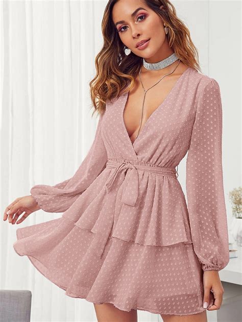 Shein Surplice Neck Layered Ruffle Hem Belted Swiss Dot Dress Artofit