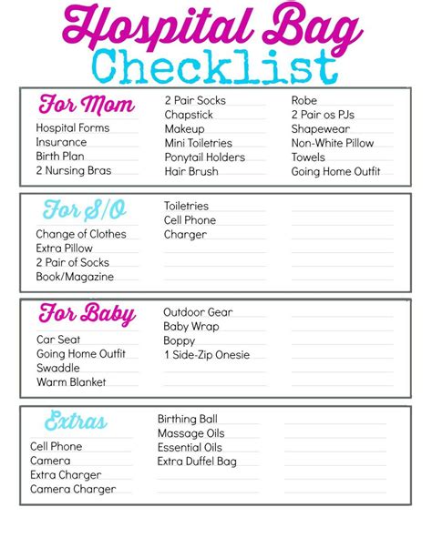 Printable Hospital Bag Checklist