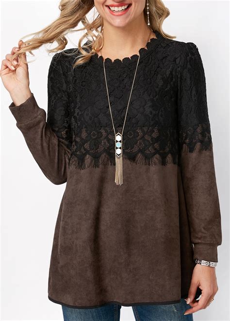 Lace Panel Round Neck Long Sleeve T Shirt Modlily Usd