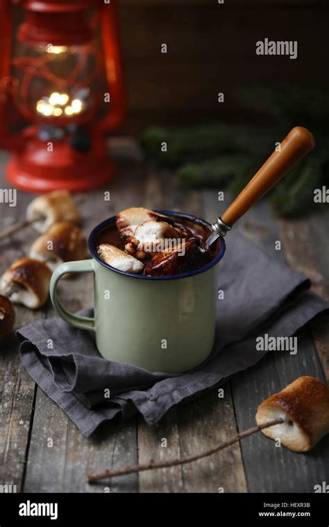 Hot Chocolate With Fire Roasted Marshmallows On Wooden Table Stock Photo Alamy