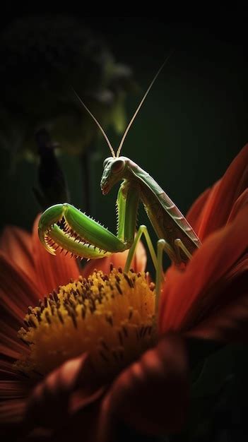 Premium Photo Green Praying Mantis On A Flower Close Up